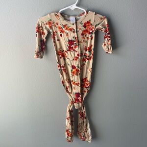 Lou Lou and Company Tan and Red Floral Bamboo Henley Knotted Gown with Mittens